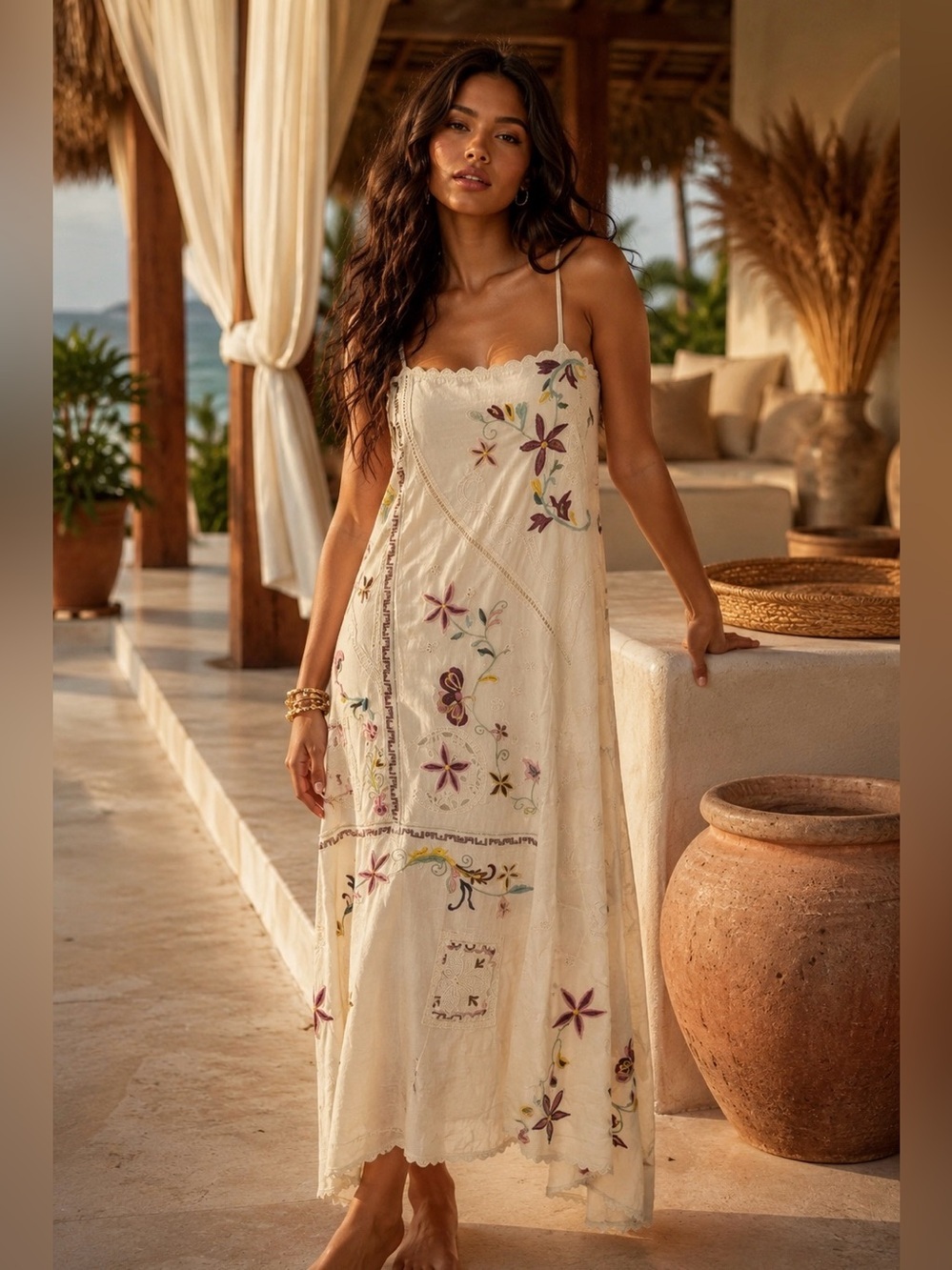 Embroidered Cream Floral Dress